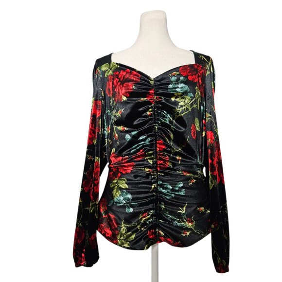 INC Women’s Velvet Floral Ruched Puff Sleeve Top Medium Whimsygoth Romantic Y2K - Picture 3 of 14